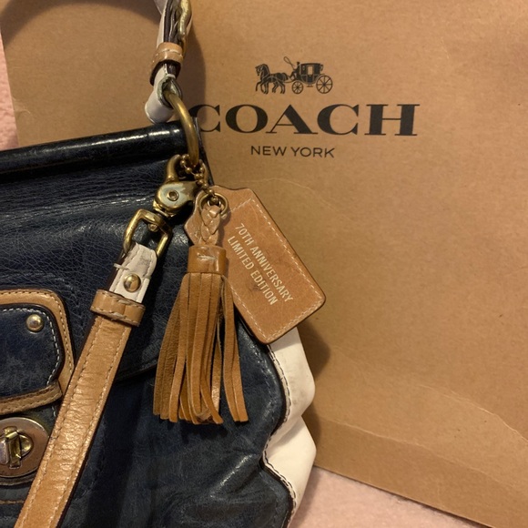 Coach Handbags - 70th Anniversary Coach Navy & Tan Leather Shoulder Bag w/ Hang Tag &Tassel Charm